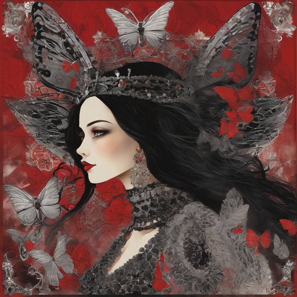 Poker face,,(dark fantasy),((Wonderful illustrations)),(Details fly), long black hair, red pupils, girl, Solid black dress, collar only, The cuffs and skirt are dark red, There is a red butterfly hairpin pinned next to her ear., masterpiece, best quality, high quality, scarf,, Red and black crystal necklace,