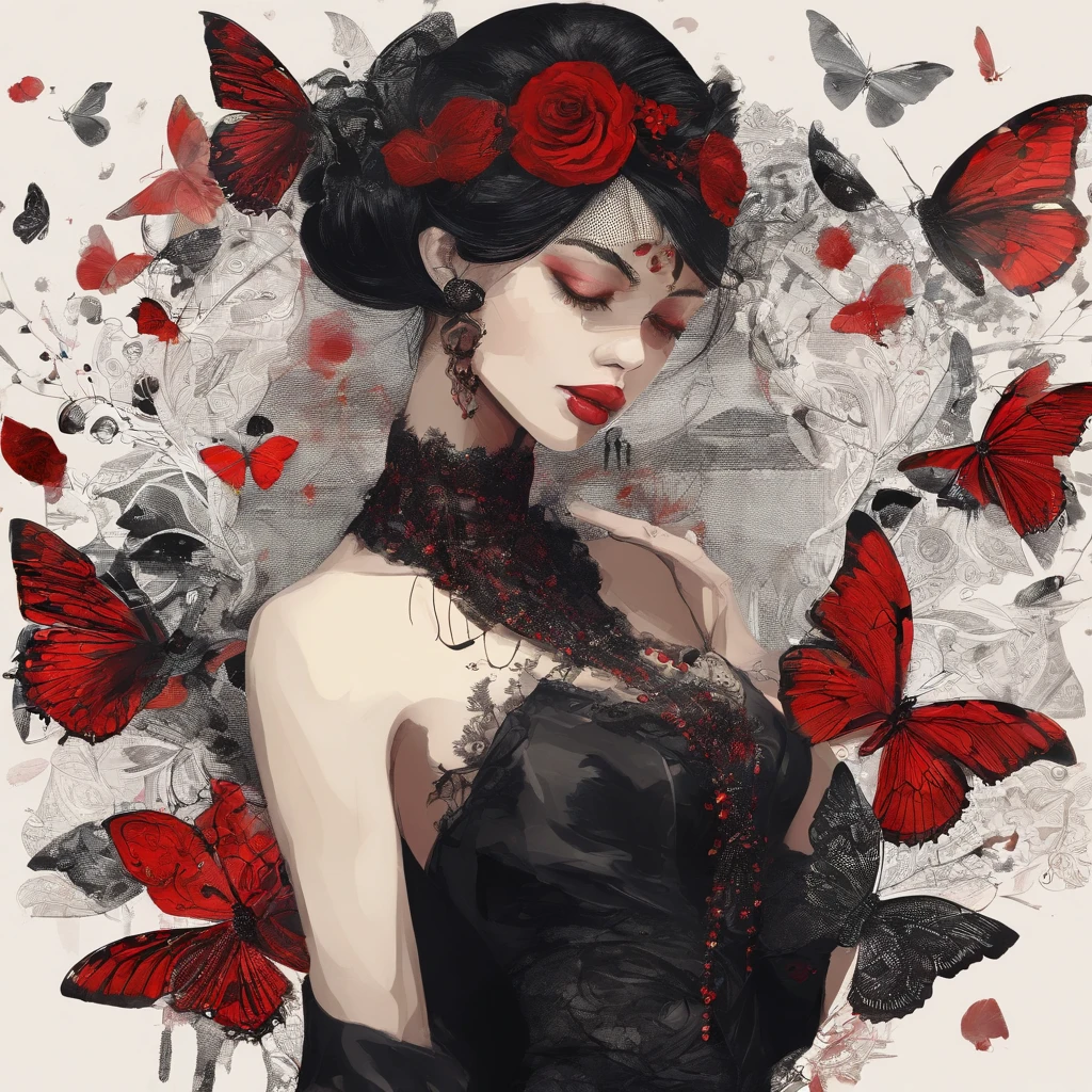 Poker face,,(dark fantasy),((Wonderful illustrations)),(Details fly), long black hair, red pupils, girl, Solid black dress, collar only, The cuffs and skirt are dark red, There is a red butterfly hairpin pinned next to her ear., masterpiece, best quality, high quality, scarf,, Red and black crystal necklace,