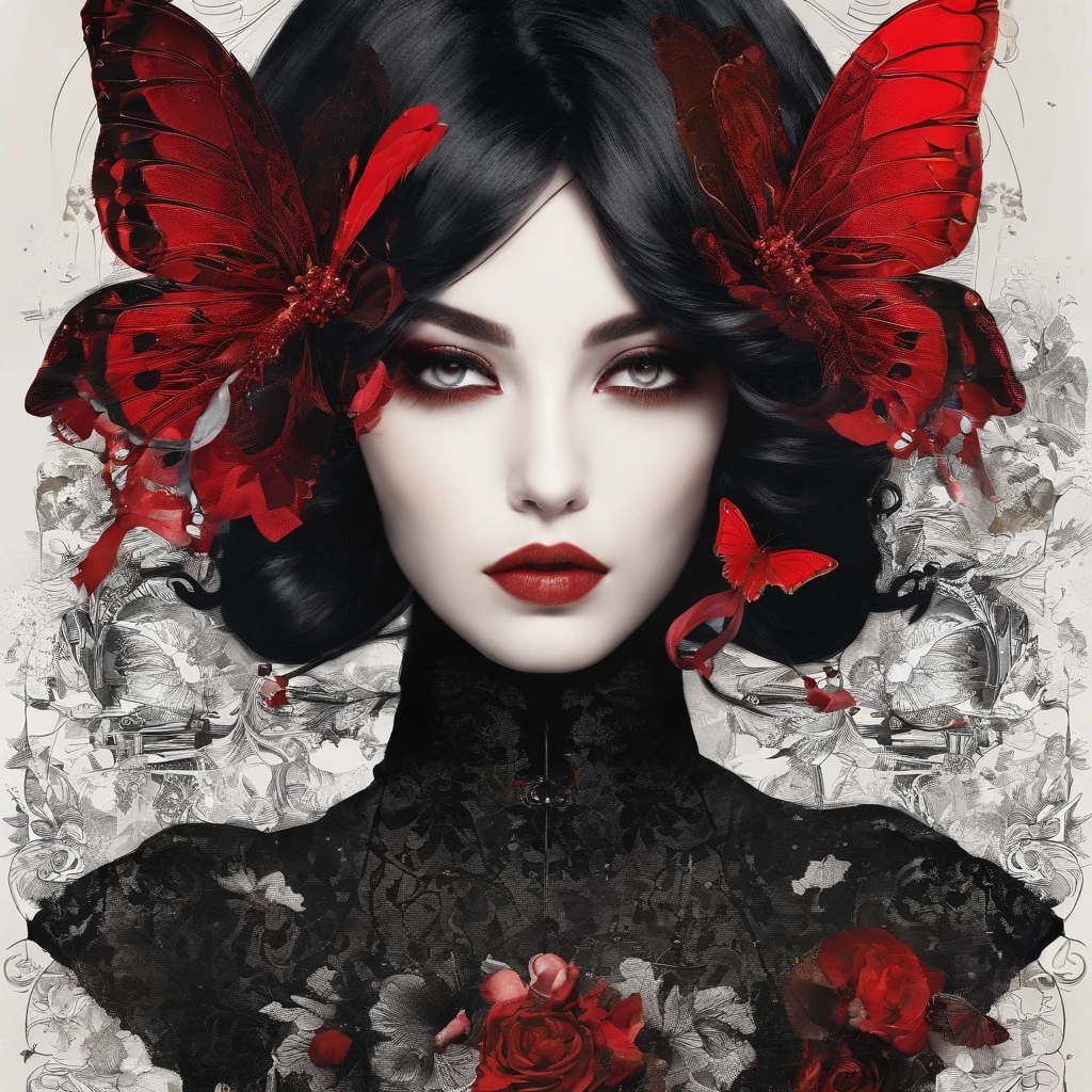 Poker face,,(dark fantasy),((Wonderful illustrations)),(Details fly), long black hair, red pupils, girl, Solid black dress, collar only, The cuffs and skirt are dark red, There is a red butterfly hairpin pinned next to her ear., masterpiece, best quality, high quality, scarf,, Red and black crystal necklace,