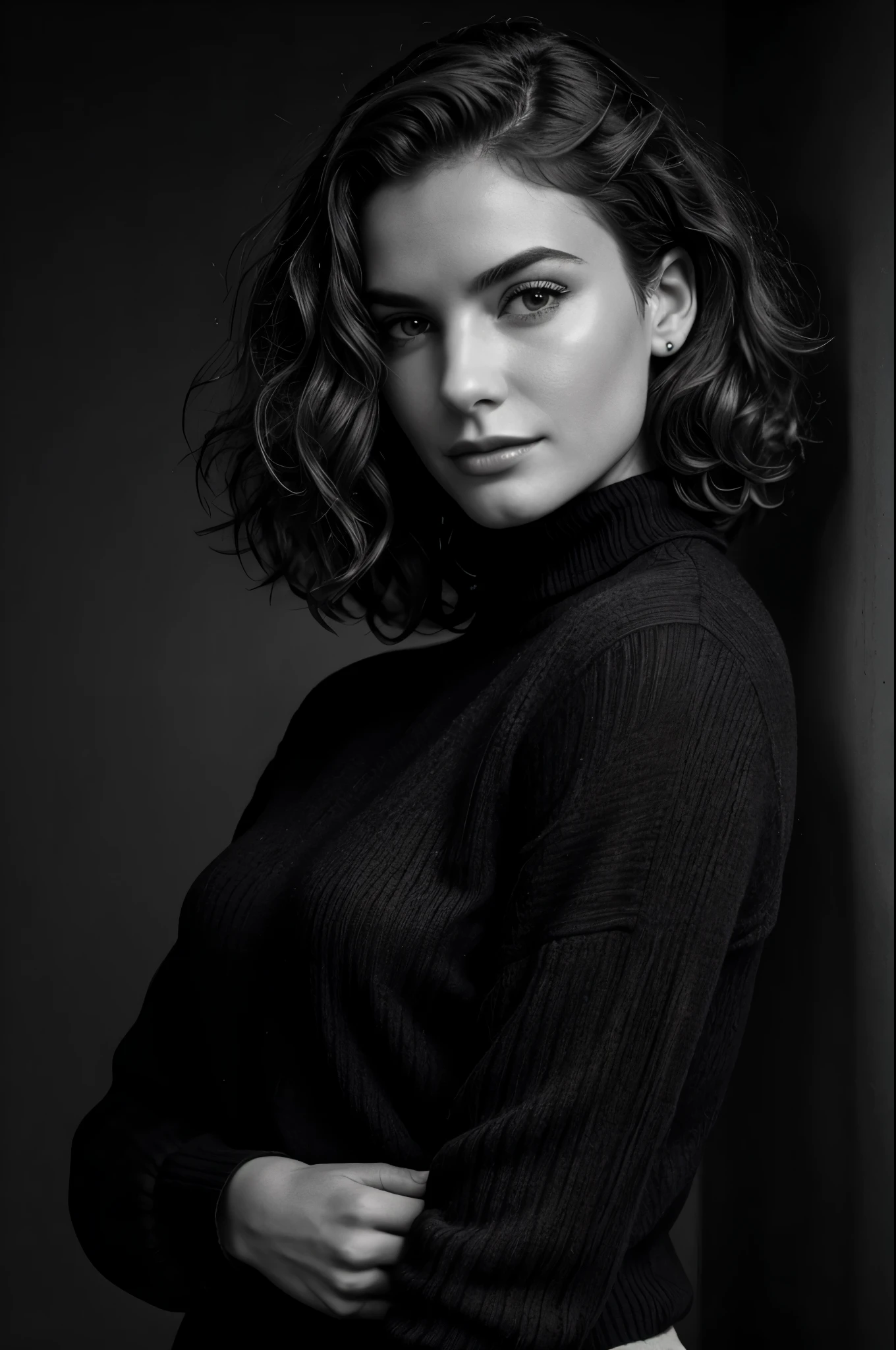 Photo-BW, Human-Likeness, photomodel, bob hair, curly hair, black turtleneck sweater, grey background Portrait-Medium Shot