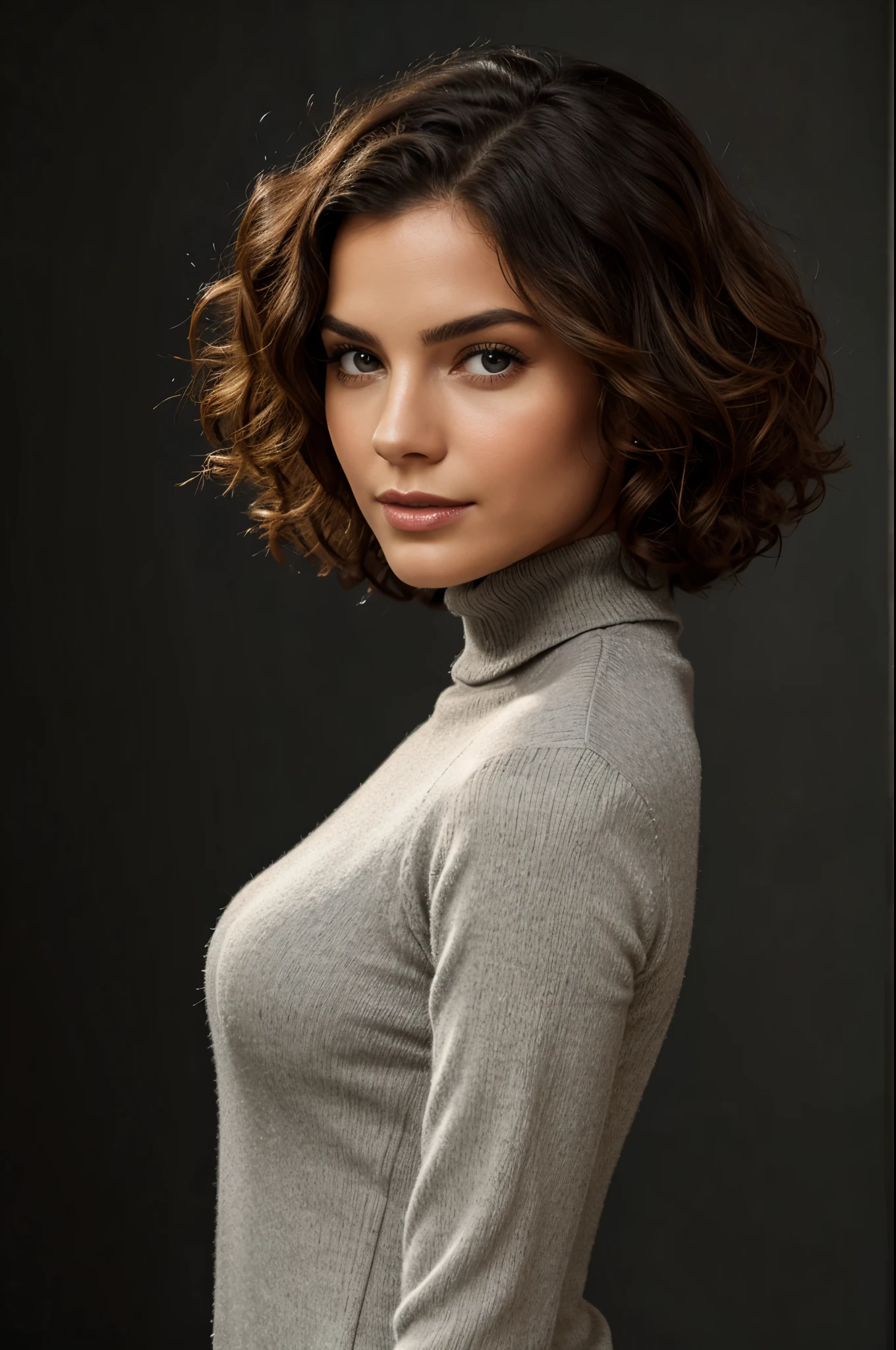 Photo-BW, Human-Likeness, photomodel, bob hair, curly hair, black turtleneck sweater, grey background Portrait-Medium Shot