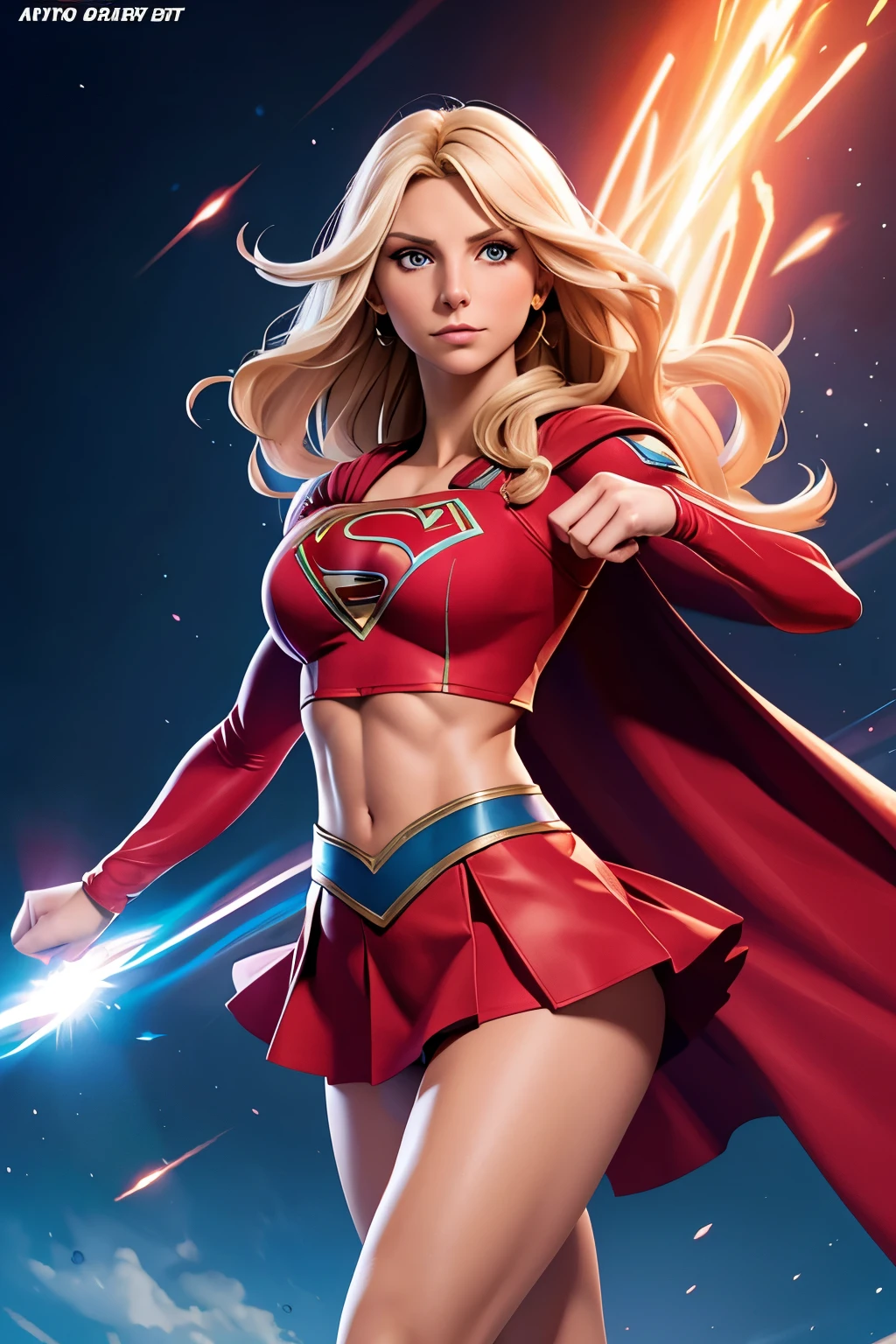 Charlotte Flair as supergirl,  extremely fit, well built, midriff exposed,  abs, short skirt, lifting off as she starts to fly, eyes glowing red, menacing,  4k, highly detailed, comic book art 