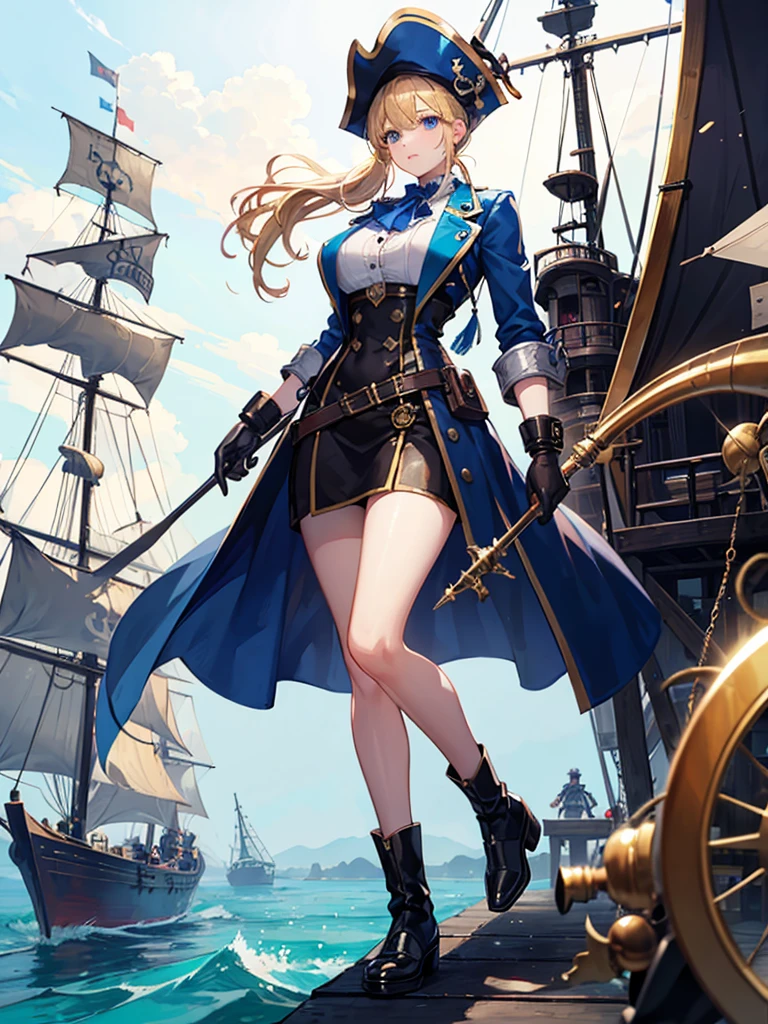 （（（masterpiece、Highest image quality、highest quality、highly detailed unity 8ｋwallpaper）））、（（Illustration of one girl））、（（（beautiful girl）））、（fantasy、female pirate）、（blonde、short ponytail：1.2、light blue eyes）、（（（The right arm is a steampunk-style prosthetic arm.）））、（（tall））、bulky figure, massive frame, thick neck, sturdy arms, powerful legs、（captain&#39;s suit、Pirate hat、Blue coat）、standing on the pier、pirate ship、sailboat