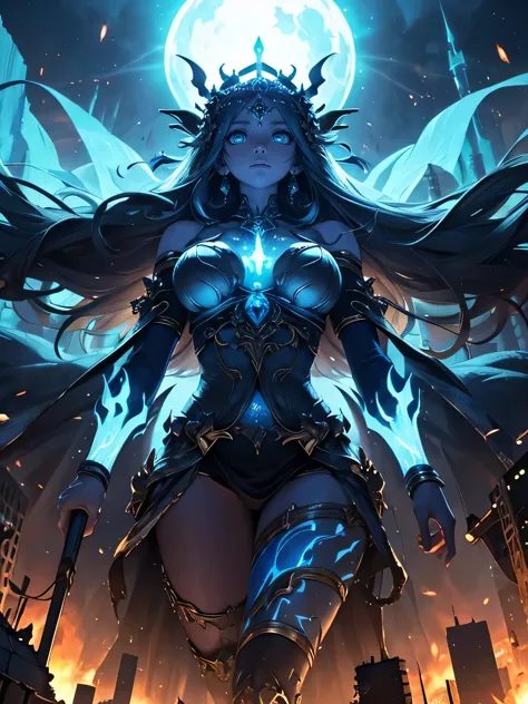 destroyed city, (100 meter tall huge goddess floating, emits light from all over the body, last judgment, blue flame),
