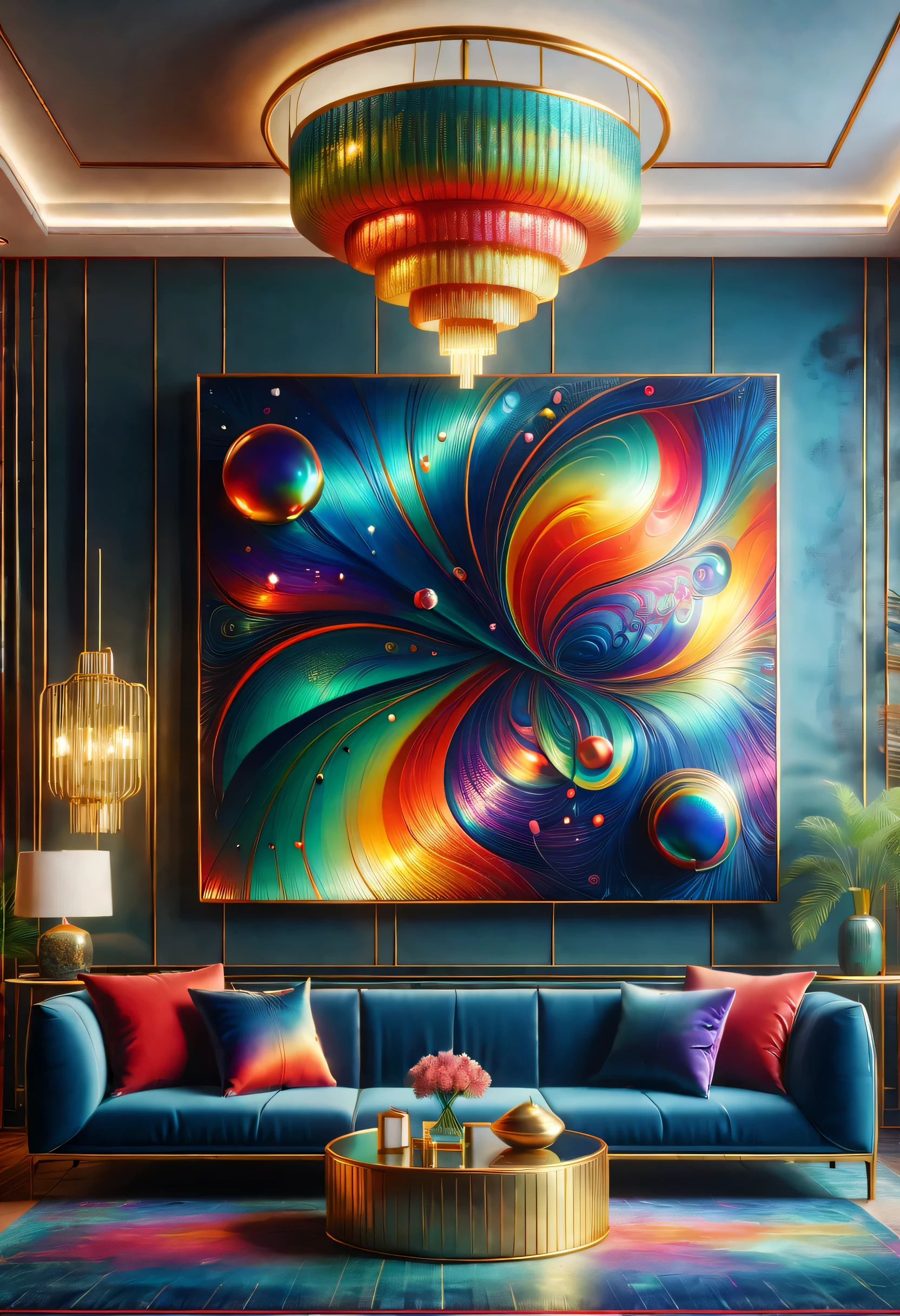 (best quality,4K,8k,high resolution,masterpiece:1.2),super detailed,(actual,photoactual,photo-actual:1.37)。（（（spacious明亮的房间，high-rise，Expose artistic，Art Deco style in a dazzling color space，spacious，grand，）））。Light luxury texture，Space color matching，Metallic Color、Bright colors are the main color overall，The colors are bright and bright，Strong visual impact，Promote the atmosphere of the entire space，Creative home，Geometric chandelier，Curved decorative metal decorative vase，Full of artistic tension and aristocratic temperament，Metallic Color搭配红色、green、blue、orange，bright colors，For example, purple，Rhythmic spatial rhythm，Transformed into an exotic scene，modern，advanced。