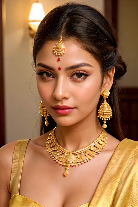 ((best quality)), ((masterpiece)), (detailed), perfect face

a close up of a woman wearing a white sari and gold jewelry, wearin...