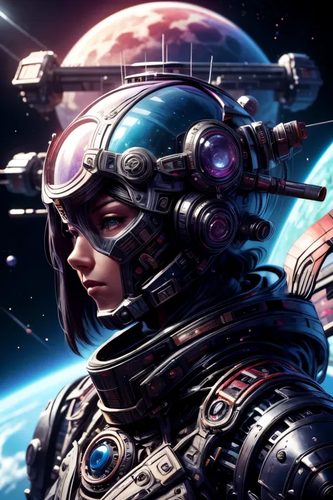 "Science fiction painting, mysterious shinobi girl, katana owner, space wanderer, planets in the distance, futuristic sci-fi, fo...