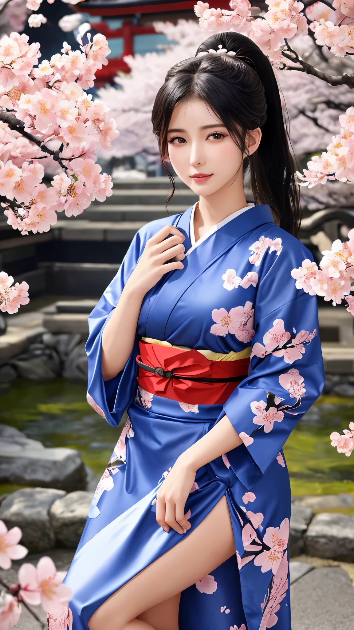 最high quality、high quality、best image quality、8K、最High resolution、High resolution、最high quality、masterpiece、realistic pictures、RAW photo、realistic atmosphere、(detailed face)、(fine hands、thumb１reference４)、(beauty of japan )、very nice face、cute face、((beautiful japanese girl))、(woman), ((1 beautiful girl))、(glossy black hair)、(straight long hair)、(ponytail)、whole body、slim style、(shiny skin)、(Fair skin, Glossy skin)、real human skin、realistic human body structure、perfect body， perfect face， perfect hands， perfect fingers， perfect lips， perfect eyes，perfect teeth、perfect background， perfect atmosphere，soft natural light、samurai kimono、maiko kimono、servant、geisha kimono、japanese kimono、Furisode、kimono、Yukata、japanese traditional、Samurai Residence、Japanese garden、((colorful transparent vinyl(flowery kimono、Hakama with side slits))、((Under the cherry blossom tree in full bloom(Poses that make your thighs look sexy))