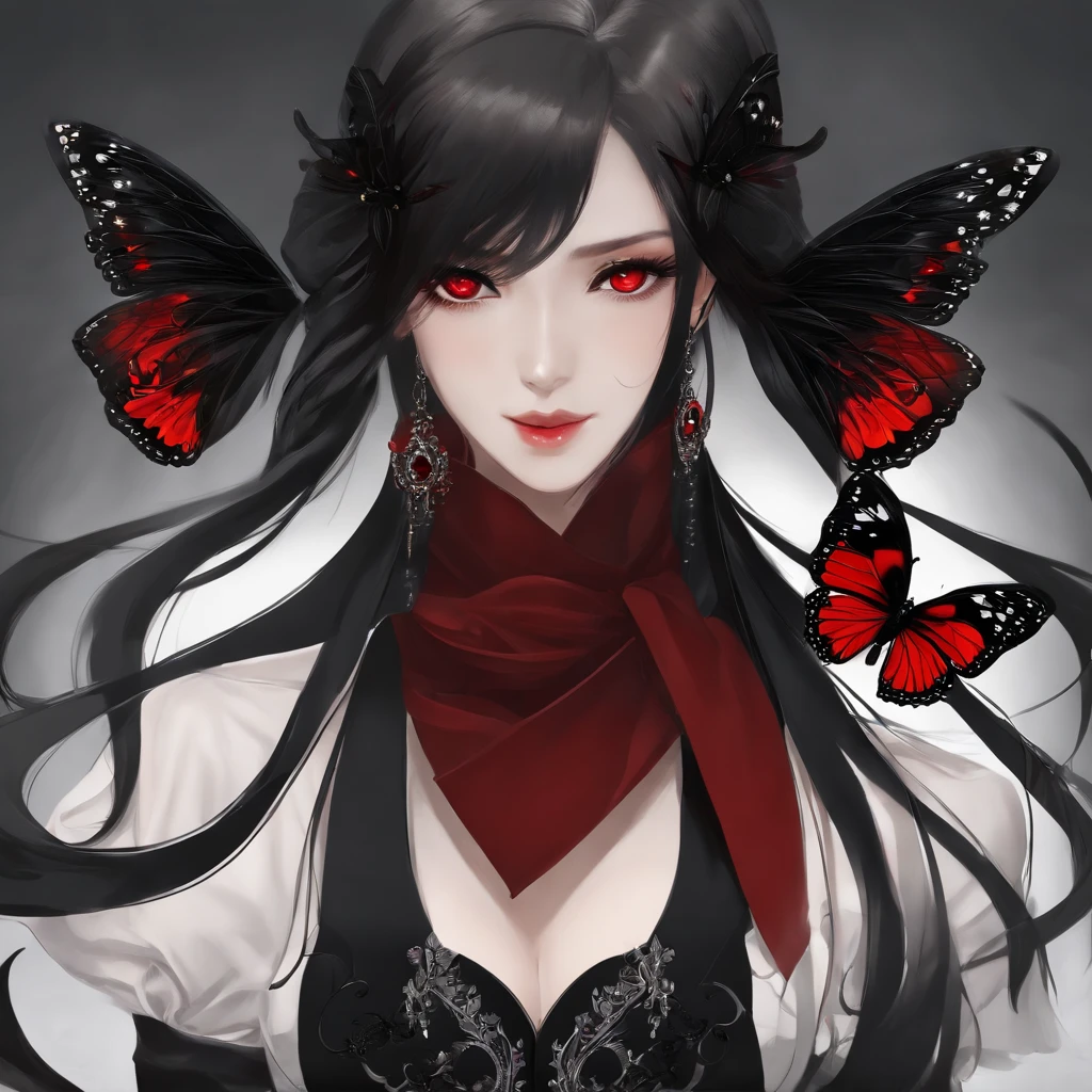 Poker face,,(dark fantasy),((Wonderful illustrations)),(Details fly), long black hair, red pupils, girl, Solid black dress, collar only, The cuffs and skirt are dark red, There is a red butterfly hairpin pinned next to her ear., masterpiece, best quality, high quality, scarf,, Red and black crystal necklace,