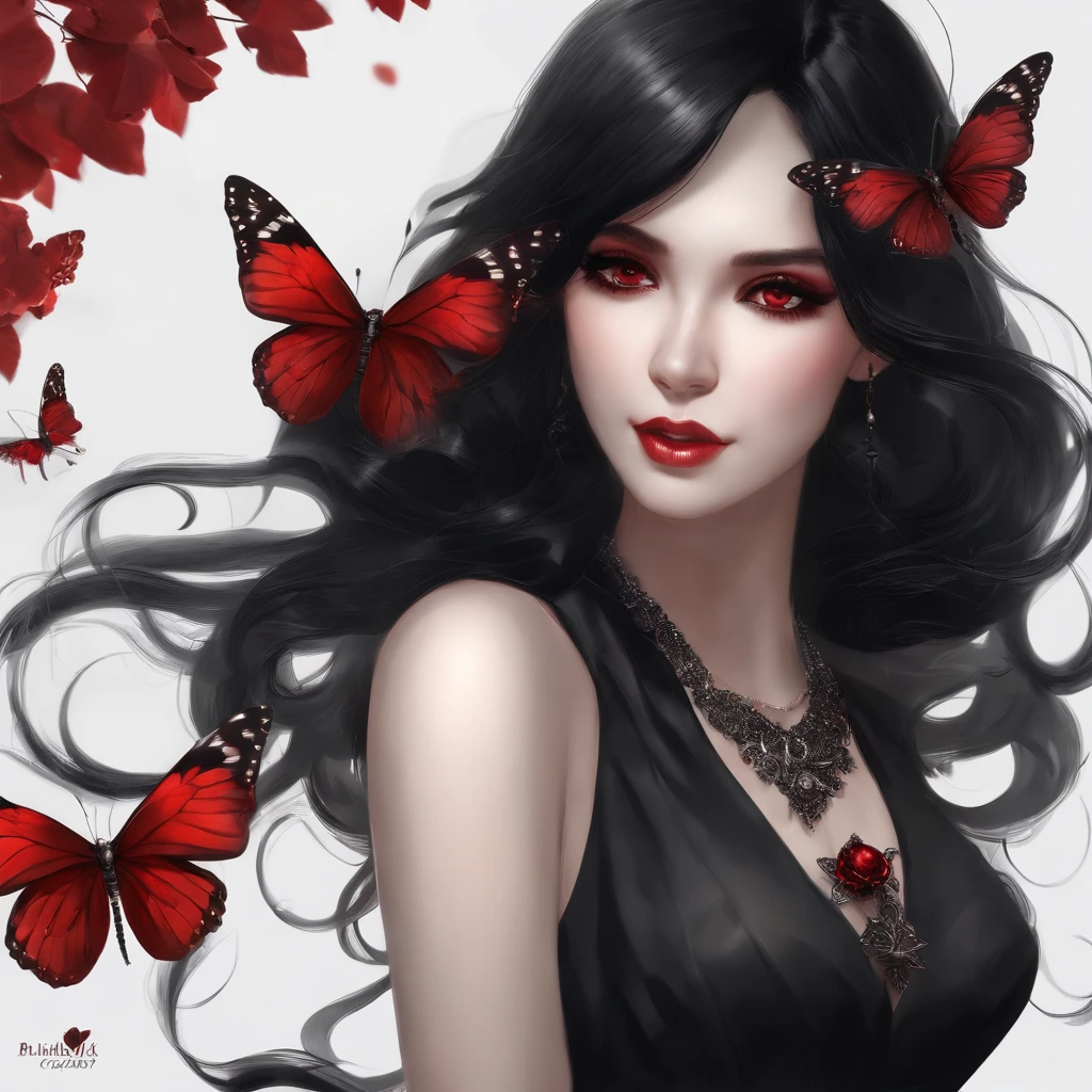 Poker face,,(dark fantasy),((Wonderful illustrations)),(Details fly), long black hair, red pupils, girl, Solid black dress, collar only, The cuffs and skirt are dark red, There is a red butterfly hairpin pinned next to her ear., masterpiece, best quality, high quality, scarf,, Red and black crystal necklace,