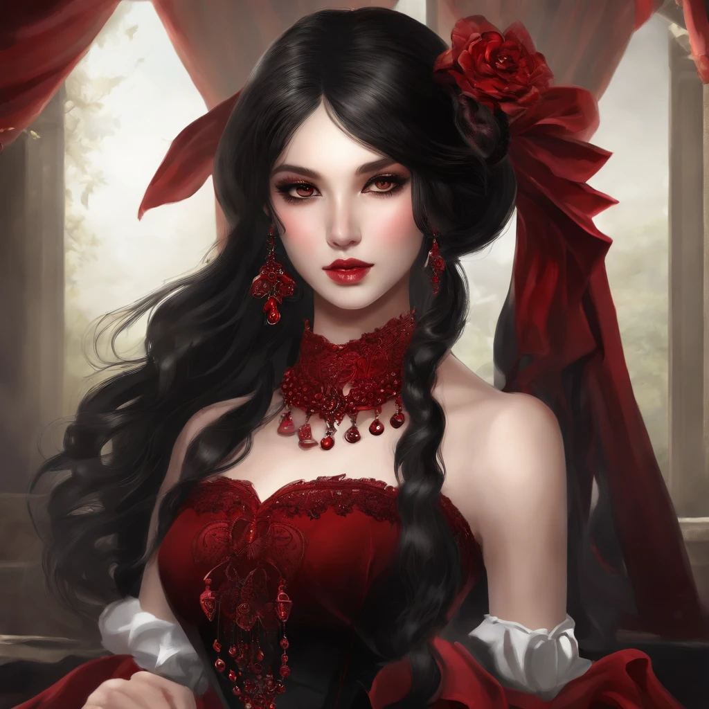 Poker face,,(dark fantasy),((Wonderful illustrations)),(Details fly), long black hair, red pupils, girl, Solid black dress, collar only, The cuffs and skirt are dark red, There is a red butterfly hairpin pinned next to her ear., masterpiece, best quality, high quality, scarf,, Red and black crystal necklace,