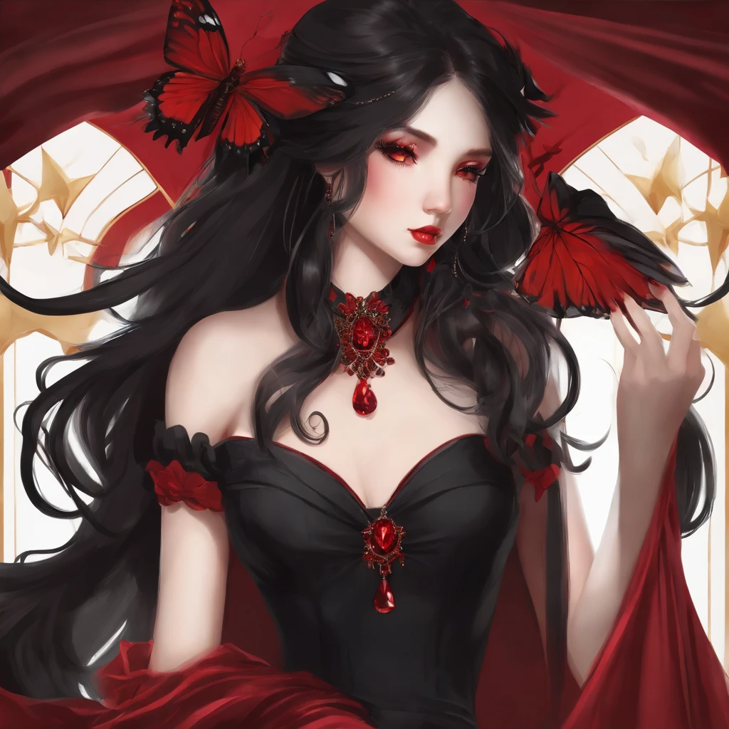 Poker face,,(dark fantasy),((Wonderful illustrations)),(Details fly), long black hair, red pupils, girl, Solid black dress, collar only, The cuffs and skirt are dark red, There is a red butterfly hairpin pinned next to her ear., masterpiece, best quality, high quality, scarf,, Red and black crystal necklace,