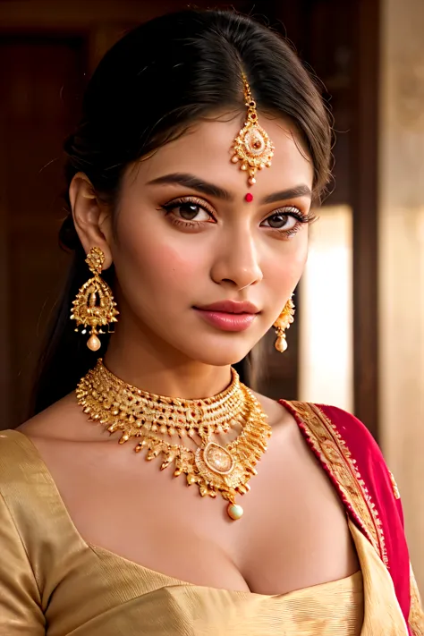 ((best quality)), ((masterpiece)), (detailed), perfect face

a close up of a woman wearing a white sari and gold jewelry, wearin...