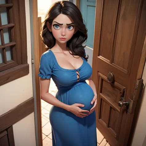Beautiful little brunette woman in her thirties, pregnant, huge tits, slim, small waist, round ass, wearing a blue sundress. She...