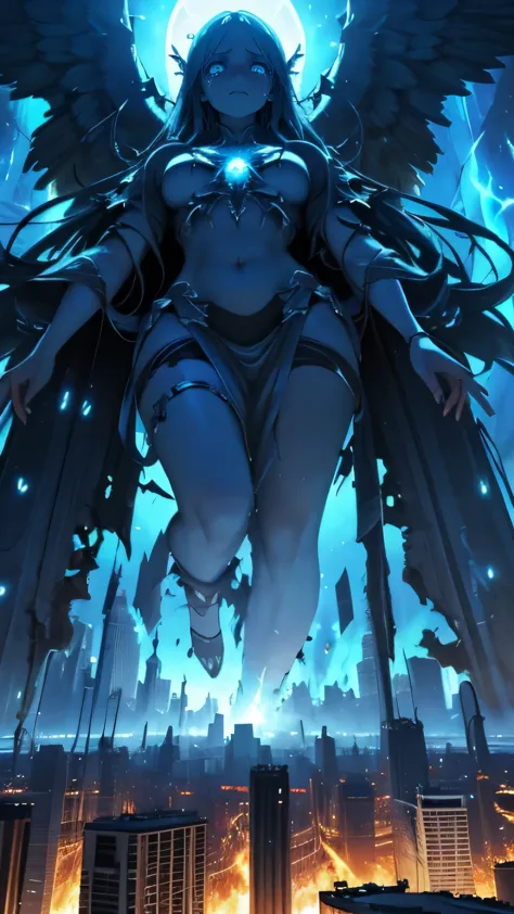 destroyed city, angle from below, (100 meter tall huge goddess floating, emits light from all over the body, last judgment, blue flame, lost pupils, drooping eyes, realistic skin, trace of tears), 