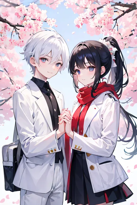 two-dimensional，a boy and a girl holding hands and smiling under a huge cherry blossom tree，boy with white hair and golden eyes，...