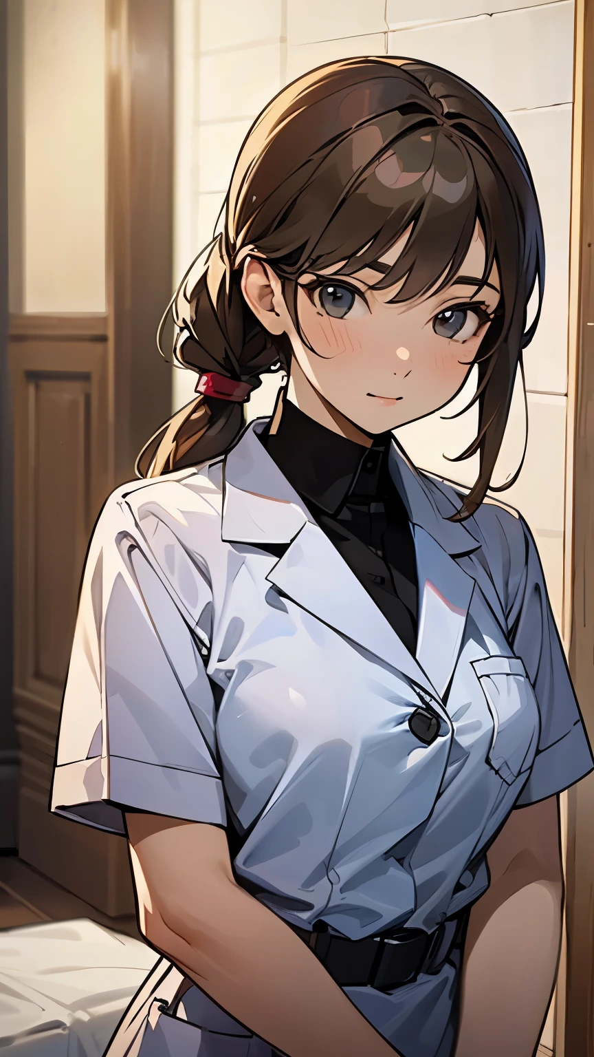 masterpiece, 最high quality, high quality, urtra detailed, Female 1、30 years old、alone, female focus,　looking at the camera、Brown hair tied back elegantly、nurse、Cleanliness