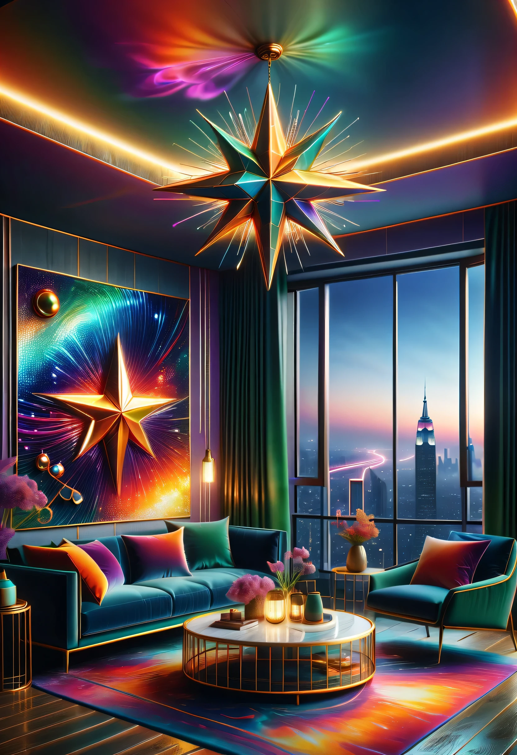 (best quality,4K,8k,high resolution,masterpiece:1.2),super detailed,(actual,photoactual,photo-actual:1.37)。（（（spacious明亮的房间，high-rise，Expose artistic，Art Deco style in a dazzling color space，spacious，grand，）））。Light luxury texture，Space color matching，Metallic Color、Bright colors are the main color overall，The colors are bright and bright，Strong visual impact，Promote the atmosphere of the entire space，Creative home，Geometric chandelier，Curved decorative metal decorative vase，Full of artistic tension and aristocratic temperament，Metallic Color搭配红色、green、blue、orange，bright colors，For example, purple，Rhythmic spatial rhythm，Transformed into an exotic scene，modern，advanced。