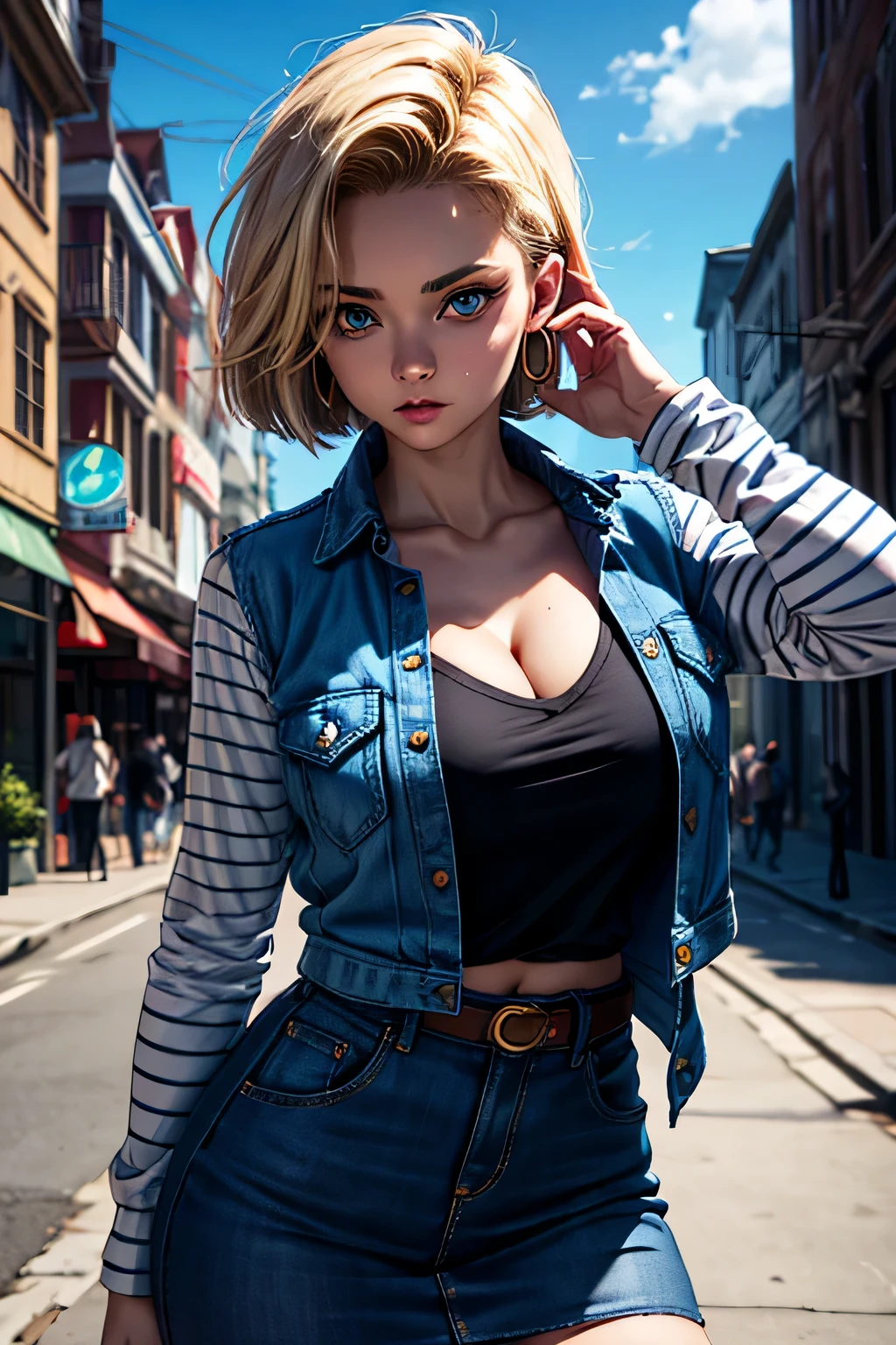 android 18, android 18, blonde hair, blue eyes, eyelash, hoop earrings, short hair, earrings, break belt, black legwear, black shirt, breast pocket, cleavage, clavicle, denim, denim skirt, high-waist skirt, jewelry, long sleeve, pocket, shirt, shirt tucked in, skirt, striped, striped sleeves, waistcoat,, break outdoors, city, null, cloud, sun, break looking at viewer, (cowboy shot:1.5), break (masterpiece:1.2), highest quality, High resolution, unity 8k wallpaper, (shape:0.8), (beautiful and detailed eyes:1.6), highly detailed face, perfect lighting, Very detailed CG, (perfect hands, perfect anatomy)