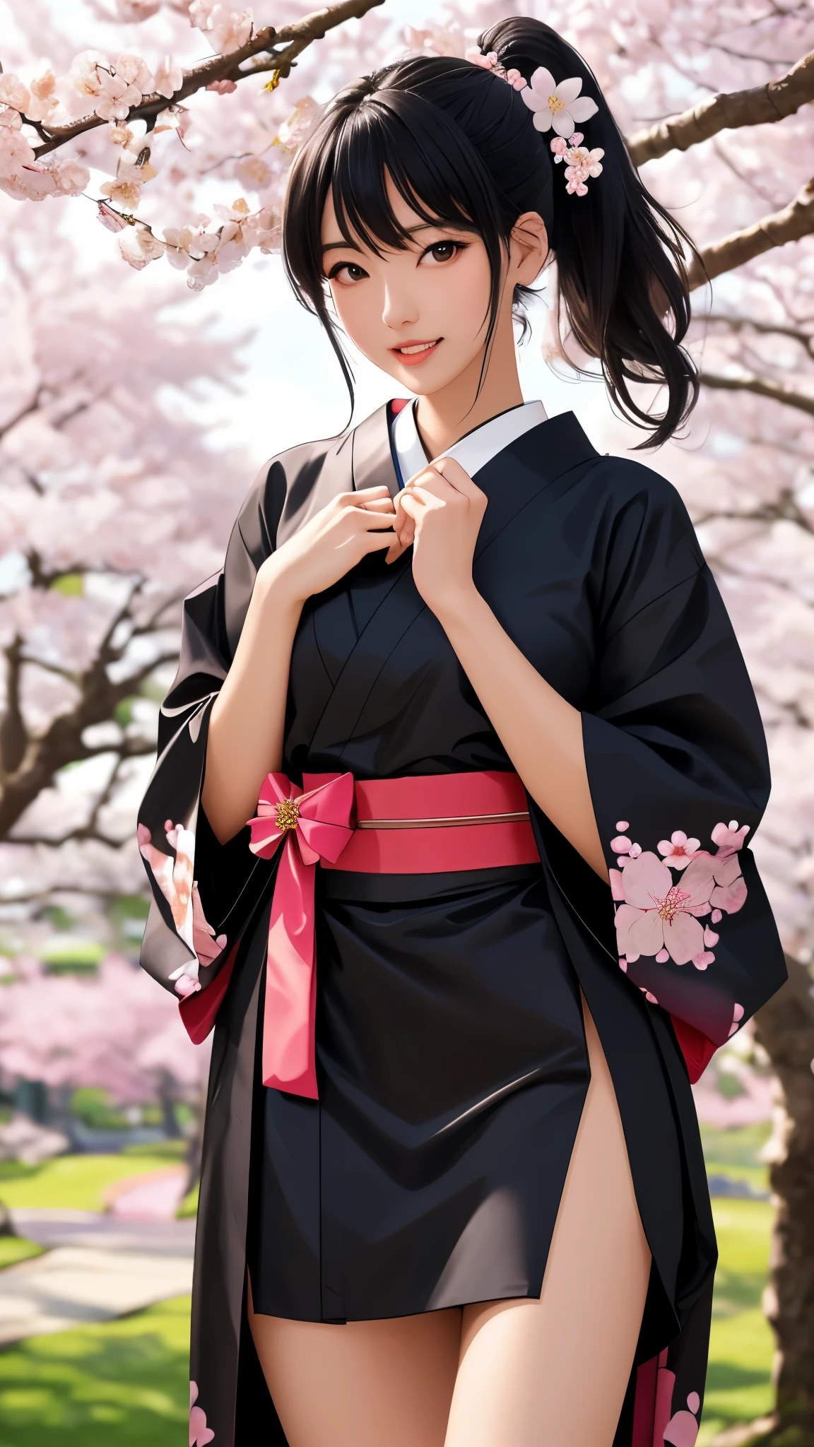 最high quality、high quality、best image quality、8K、最High resolution、High resolution、最high quality、masterpiece、realistic pictures、RAW photo、realistic atmosphere、(detailed face)、(fine hands、thumb１reference４)、(beauty of japan )、very nice face、cute face、((beautiful japanese girl))、(woman), ((18 year old beautiful girl))、(glossy black hair)、(straight long hair)、(ponytail)、whole body、slim style、(shiny skin)、(Fair skin, Glossy skin)、real human skin、realistic human body structure、perfect body， perfect face， perfect hands， perfect fingers， perfect lips， perfect eyes，perfect teeth、perfect background， perfect atmosphere，soft natural light、samurai kimono、maiko kimono、servant、geisha kimono、japanese kimono、Furisode、kimono、Yukata、japanese traditional、Samurai Residence、Japanese garden、((colorful transparent vinyl(flowery kimono、Hakama with side slits))、((Under the cherry blossom tree in full bloom(Poses that make your thighs look sexy))