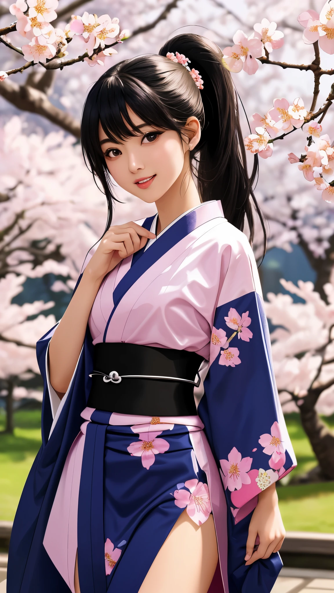 最high quality、high quality、best image quality、8K、最High resolution、High resolution、最high quality、masterpiece、realistic pictures、RAW photo、realistic atmosphere、(detailed face)、(fine hands、thumb１reference４)、(beauty of japan )、very nice face、cute face、((beautiful japanese girl))、(woman), ((18 year old beautiful girl))、(glossy black hair)、(straight long hair)、(ponytail)、whole body、slim style、(shiny skin)、(Fair skin, Glossy skin)、real human skin、realistic human body structure、perfect body， perfect face， perfect hands， perfect fingers， perfect lips， perfect eyes，perfect teeth、perfect background， perfect atmosphere，soft natural light、samurai kimono、maiko kimono、servant、geisha kimono、japanese kimono、Furisode、kimono、Yukata、japanese traditional、Samurai Residence、Japanese garden、((colorful transparent vinyl(flowery kimono、Hakama with side slits))、((Under the cherry blossom tree in full bloom(Poses that make your thighs look sexy))