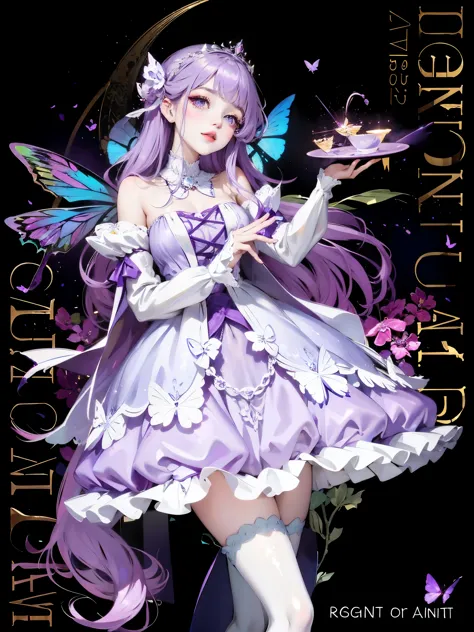 Arafad image of a woman wearing a purple dress and butterfly wings, fairy tale core, light violet, princess of amethyst, Belle Defin, ball jointed doll, deep Purple, fantasy dress, Wear purple clothes, Astral Fairy, purple skin color, Ethereal fairy tale, ...