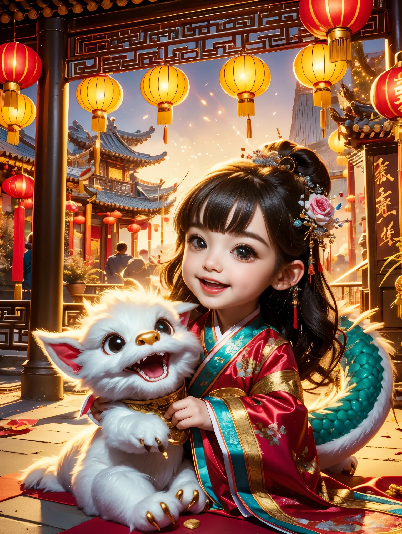 1 girl hugging cute little chinese dragon, ancient chinese little princess, chinese baby dragon, cute, festive, chinese lunar new year, firecrackers, fireworks