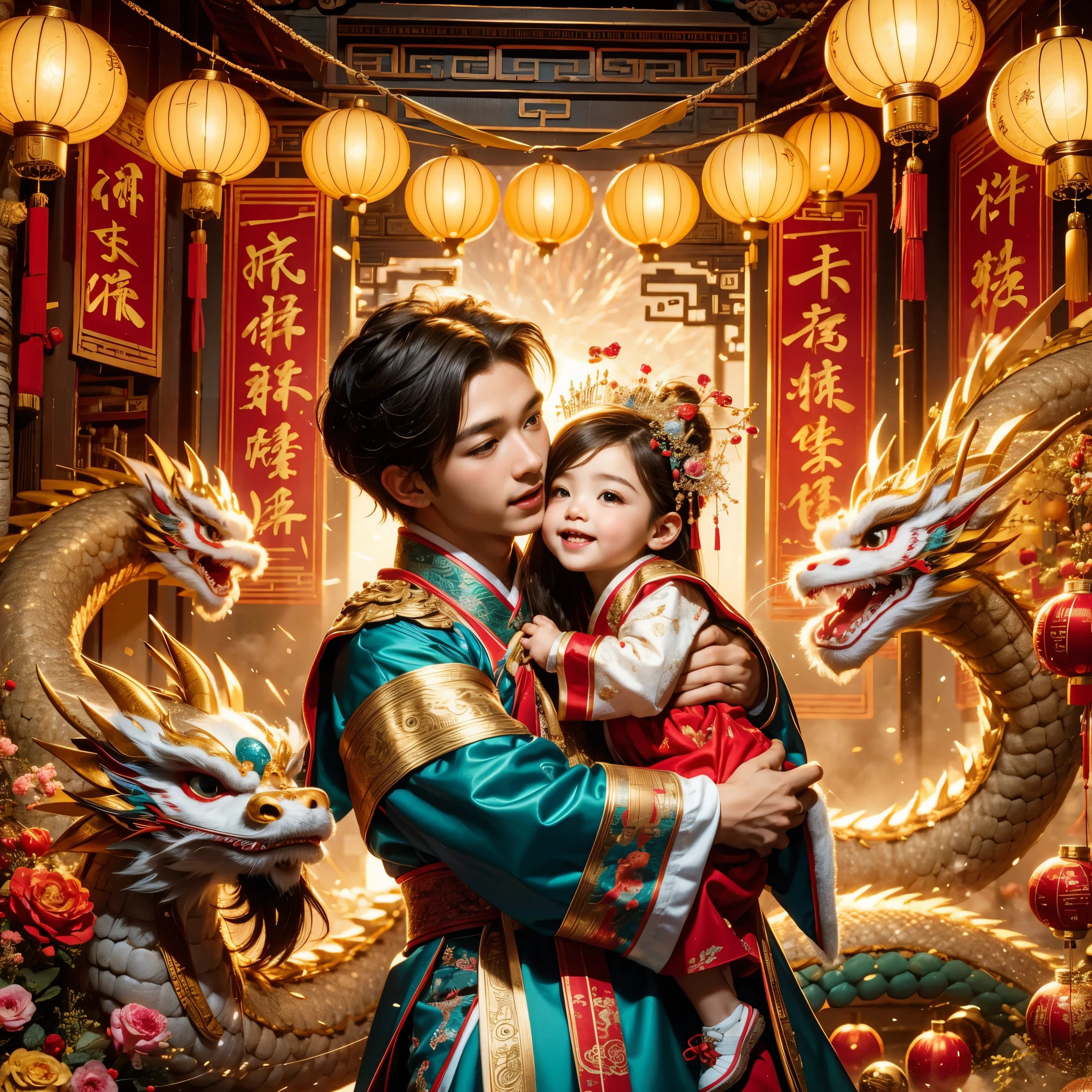 1 girl hugging lindo little chinese dragon, pequeña princesa china antigua, dragón chino bebé, lindo, festivo, Año nuevo lunar chino, petardos, fuegos artificiales