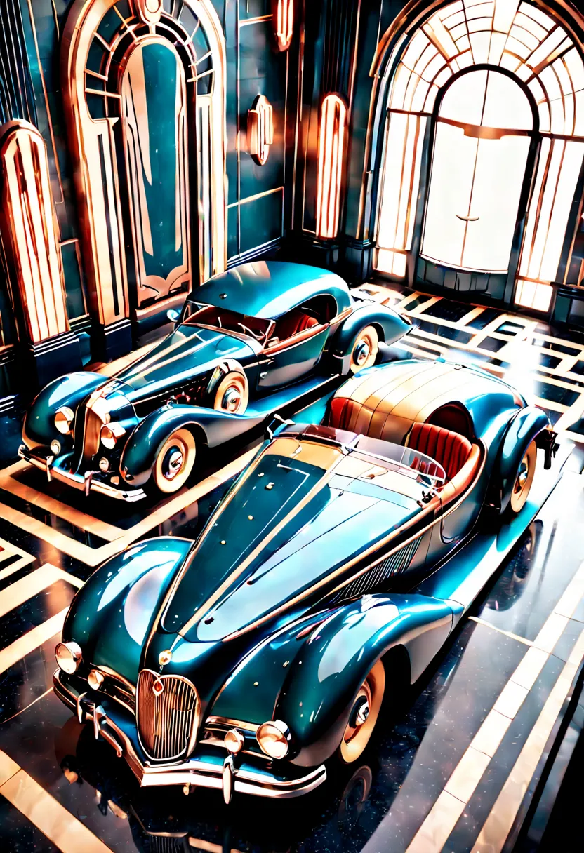 an AI-designed Art Deco-inspired car display. Infuse sleek lines, geometric patterns, and luxurious elements. Incorporate a vint...