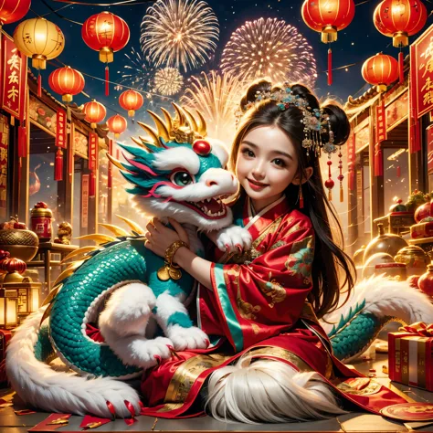 1 girl hugging cute little chinese dragon, ancient chinese little princess, chinese baby dragon, cute, festive, chinese lunar ne...