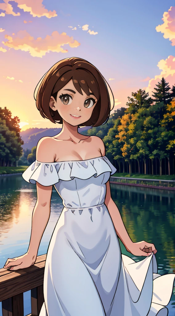 Bianca (pokemon heroes), 1 girl, solo, short hair, brown hair, brown eyes, bare shoulders, strapless, off shoulders, ruffle off the shoulder top, white maxi dress, close up headshot, intricate details, sharp focus, high resolution, the background of beautiful flower park with trees and canals, beautiful sunset, smile, walking on the bridge, arms behind back