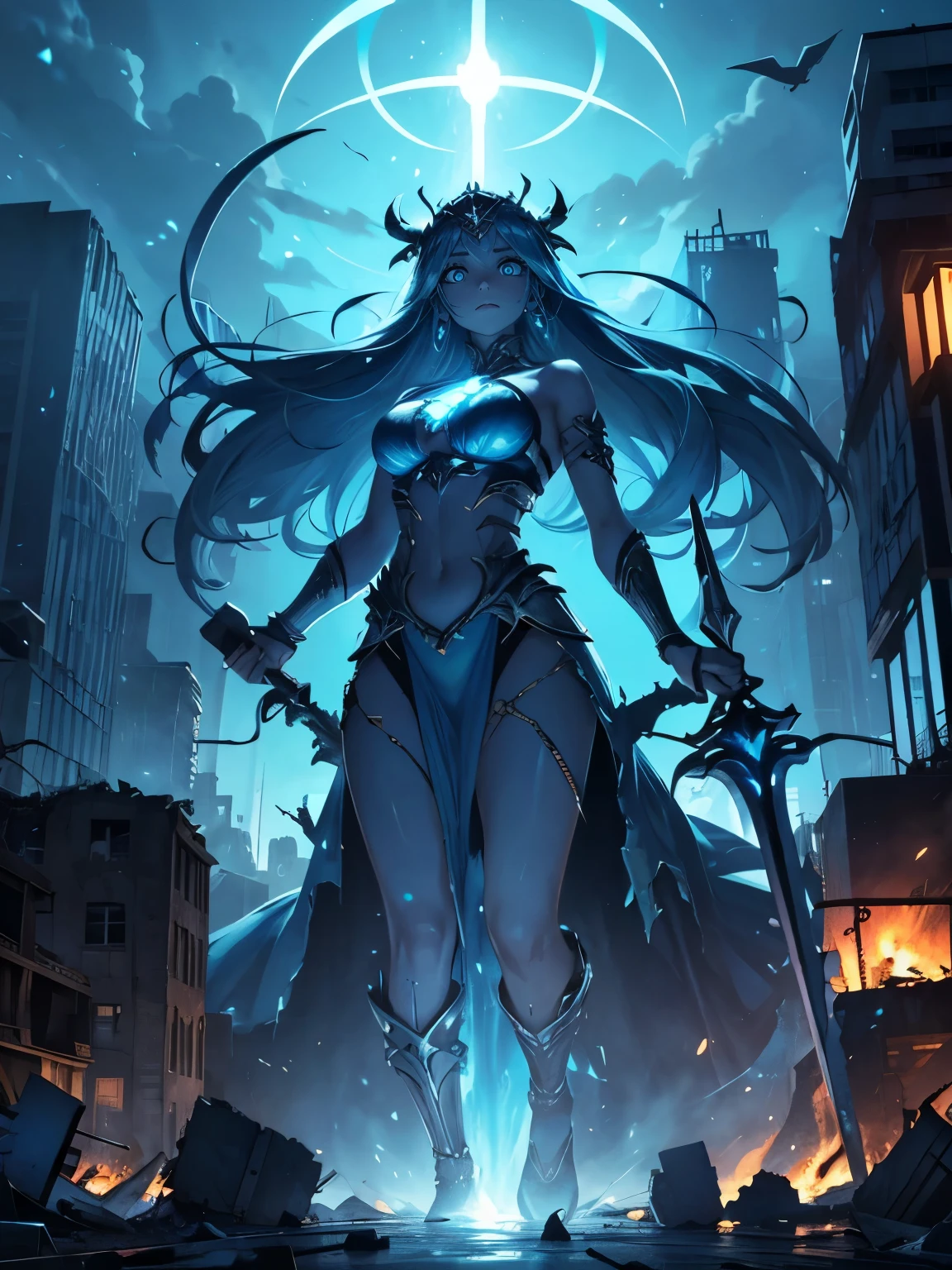 destroyed city, (100 meter tall huge goddess floating, emits light from all over the body, lost pupils, last judgment, blue flame), weapon, aerial angle from below,