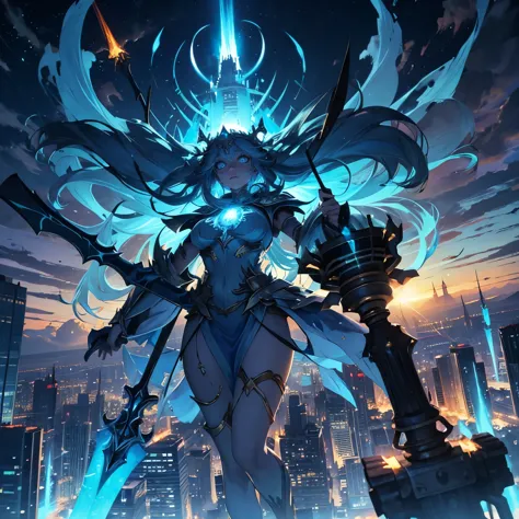 destroyed city, (100 meter tall huge goddess floating, emits light from all over the body, lost pupils, last judgment, blue flam...