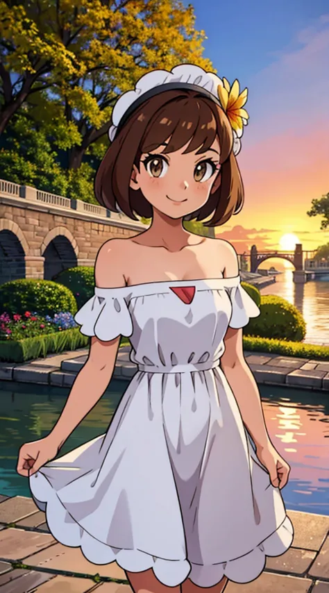 bianca (pokemon heroes), 1 girl, solo, short hair, brown hair, brown eyes, bare shoulders, strapless, off shoulders, ruffle off ...