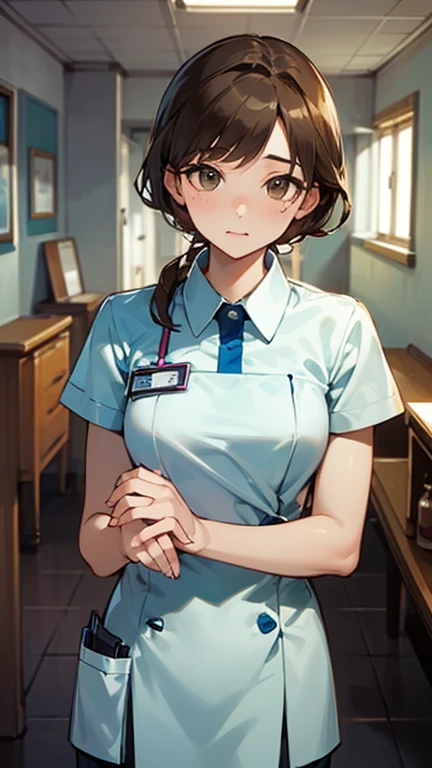 masterpiece, 最high quality, high quality, urtra detailed, Female 1、30 years old、alone, female focus,　looking at the camera、Brown hair tied back elegantly、nurse、Cleanliness