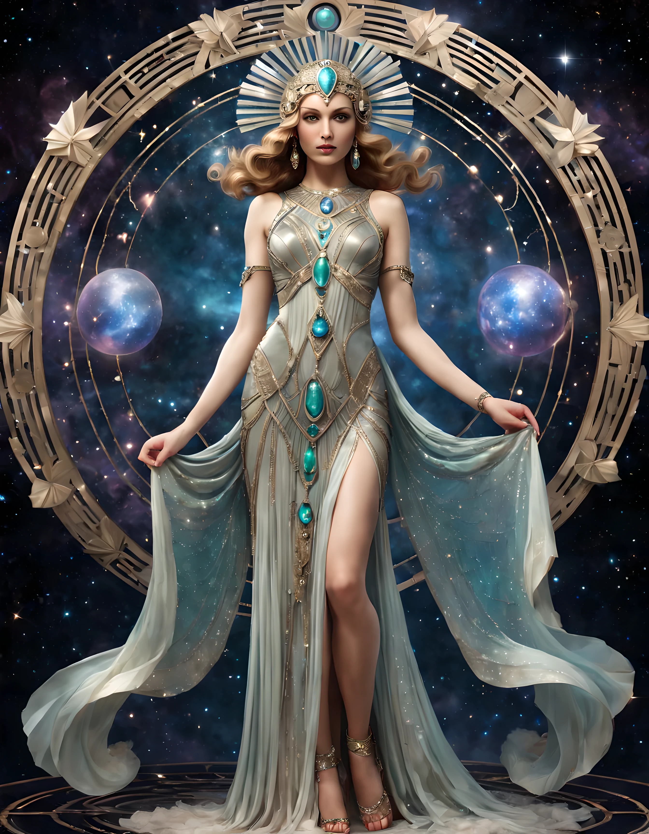 Foto de cuerpo entero de una hermosa diosa celestial con un cautivador vestido Art Déco adornado con rasgos etéreos y piedras preciosas., ((brillar)), fondo cósmico. | ((más_detalle))