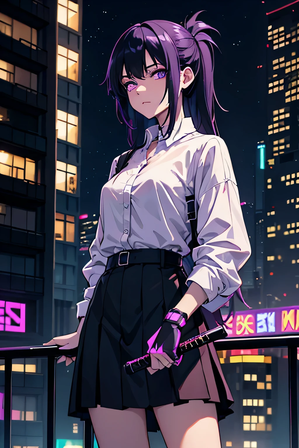 Cuberpunk , , black haired, with purple hairline on head, staying on balcony, cuberpunk city, tired look, in skirt and shirt, night, neon lights on city, foged city, katana in hands touching 
