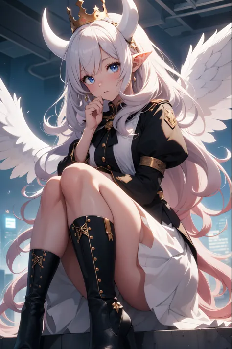 giant girl 50,000 feet high，Weight 1000kg，Have a pair of long legs，Keep your eyes open，Has three pairs of huge white angel wings...