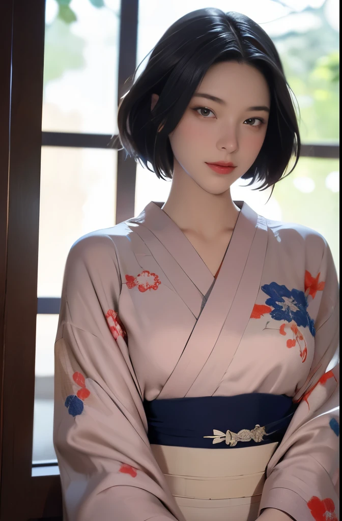 de la máxima calidad, obra maestra, Alta resolución, 1 chica, cara hermosa y perfecta, corte bob, kimono,kimono, detalles intrincados, atmósfera de película, 8K, Muy detallado  