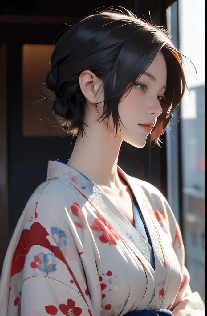 de la máxima calidad, obra maestra, Alta resolución, 1 chica, cara hermosa y perfecta, corte bob, kimono,kimono, detalles intrincados, atmósfera de película, 8K, Muy detallado  