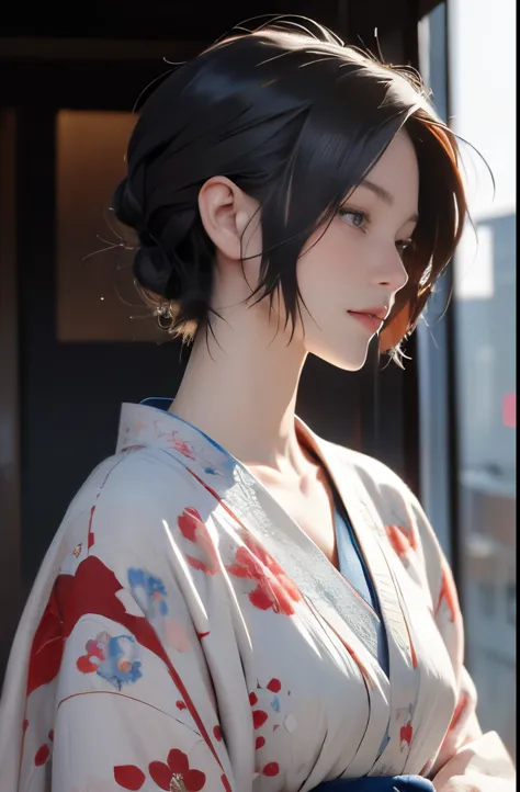 highest quality, masterpiece, High resolution, 1 girl, beautiful and perfect face, bob cut, kimono,kimono, intricate details, mo...