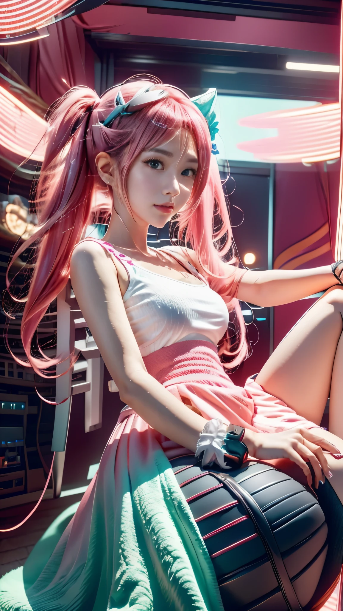 อะนิเมะสาว sitting in a chair with a computer and a pink background, อะนิเมะสไตล์ 4k, ผมหางม้าสีชมพูและดวงตาสีฟ้า, an อะนิเมะสาว, อะนิเมะสาว, ความรู้สึกอะนิเมะ, cute อะนิเมะสาว, pretty อะนิเมะสาว, วอลล์เปเปอร์อะนิเมะ 4k konachan ที่ดีที่สุด, ไนท์คอร์, อะนิเมะสาว desktop background, สุนทรียศาสตร์ของนักเล่นเกม, (อะนิเมะสาว)