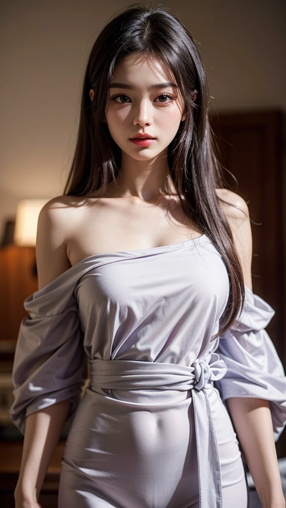 A disheveled (purple long hair) beauty, Zhang Tian'ai, with gray hair, slender figure, beautiful body, golden waist to hip ratio, high image quality, masterpiece, off waist, off shoulder, master's work, wearing purple fashionable women's clothing, exquisite clothes, peerless beauty, colorful eyes, gem eyes, moist lips, delicate and exquisite facial features, extremely delicate and beautiful, light, detailed light and shadow, detail portrayal, Dingdall effect, Exquisite, realistic, a detail painting, depth of field, highest quality, masterpiece, stunning, realistic, ultimate facial features, ultimate hair, eyes, lips, looking at the audience, reality, a detail painting, depth of field, highest quality, masterpiece, peerless beauty, exquisite and beautiful facial features, ultra delicate, gorgeous highlights, stunning, charming, perfect, ultra clear, 8k, High definition, gradient, master artwork, best image quality, higher quality, high detail, ultra high resolution, beautiful eyes, cherry lips, (gray hair)