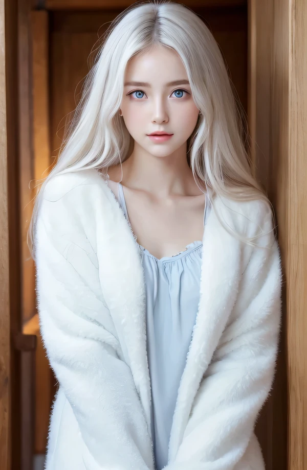 １４Caucasian model at the age, 両脚でFull body photo standing,（(Clean clothes)), wearing fluffy clothes, Natural light, Pretty Caucasian Woman, white hair, bright smile, (8K, Live shooting, highest quality, masterpiece: 1.2), masterpiece, super detail, , High-definition RAW color photo, Full body photo standing, , , , , highly detailed eyes, realistic skin texture, highly detailed fingers, very detailed nose, highly detailed mouth, , Photo above the knee, , See-through feeling、Transparent processing、wear fluffy clothes、, White hair, Blue eyes, masterpiece, realistic skin texture, , shiny hair and white skin, 、 natural skin texture,  A young woman who looks like a girl,  Photo above the knee、Blue eyes,  、lowered eyebrows,  innocent face,  Eyes that look gentle,  natural skin texture, round face,  Kind eyes, long and pure white beautiful hair、, small face,  No decorations attached,  white, drooping eyebrows,  Mont Blanc, white, drooping eyebrows、Eyes with sparkle、Both eyes are the same shape and size、wearing night clothes