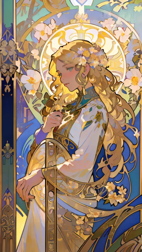 masterpiece, art deco, European woman's face portrait, long curly hair, blonde, flower frame, decorative panel, Alphonse Mucha (...