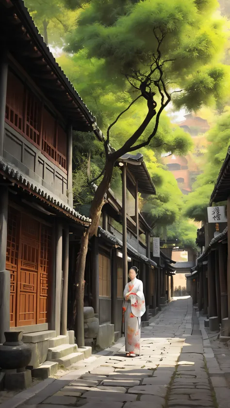 painting of a tree in a narrow alley with a stone path, dreamy chinese town, ancient city streets behind her, chinese village, o...