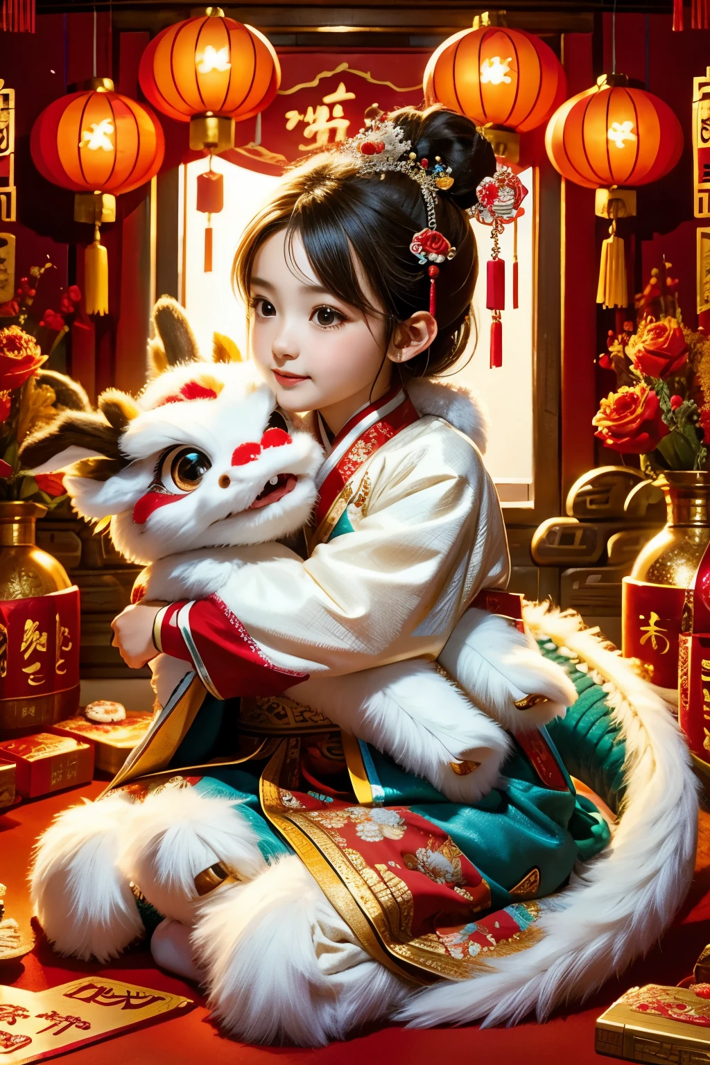 1 girl hugging cute little chinese dragon, ancient chinese little princess, chinese baby dragon, cute, festive, chinese lunar new year, firecrackers, fireworks