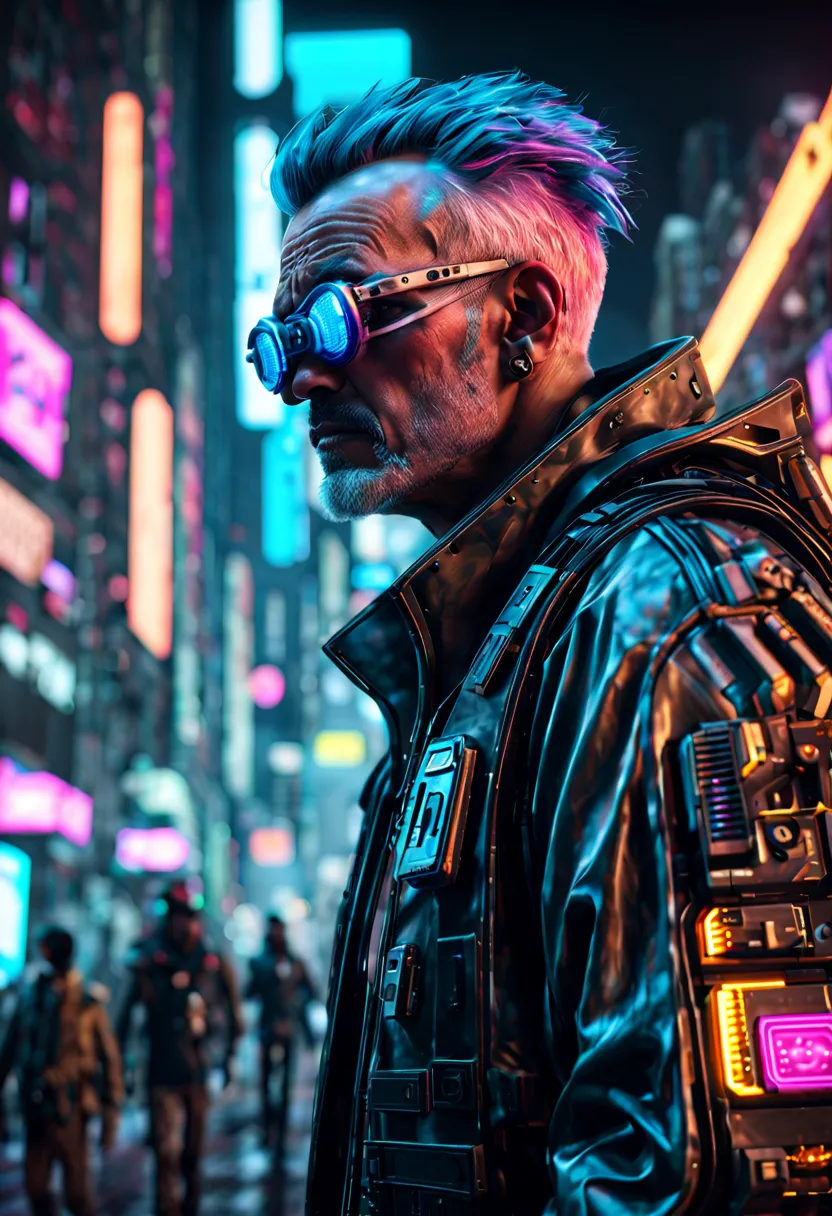 generate a hyperrealistic 4k image of a cyberpunk aged man protagonist navigating a futuristic cityscape. emphasize detailed, pr...