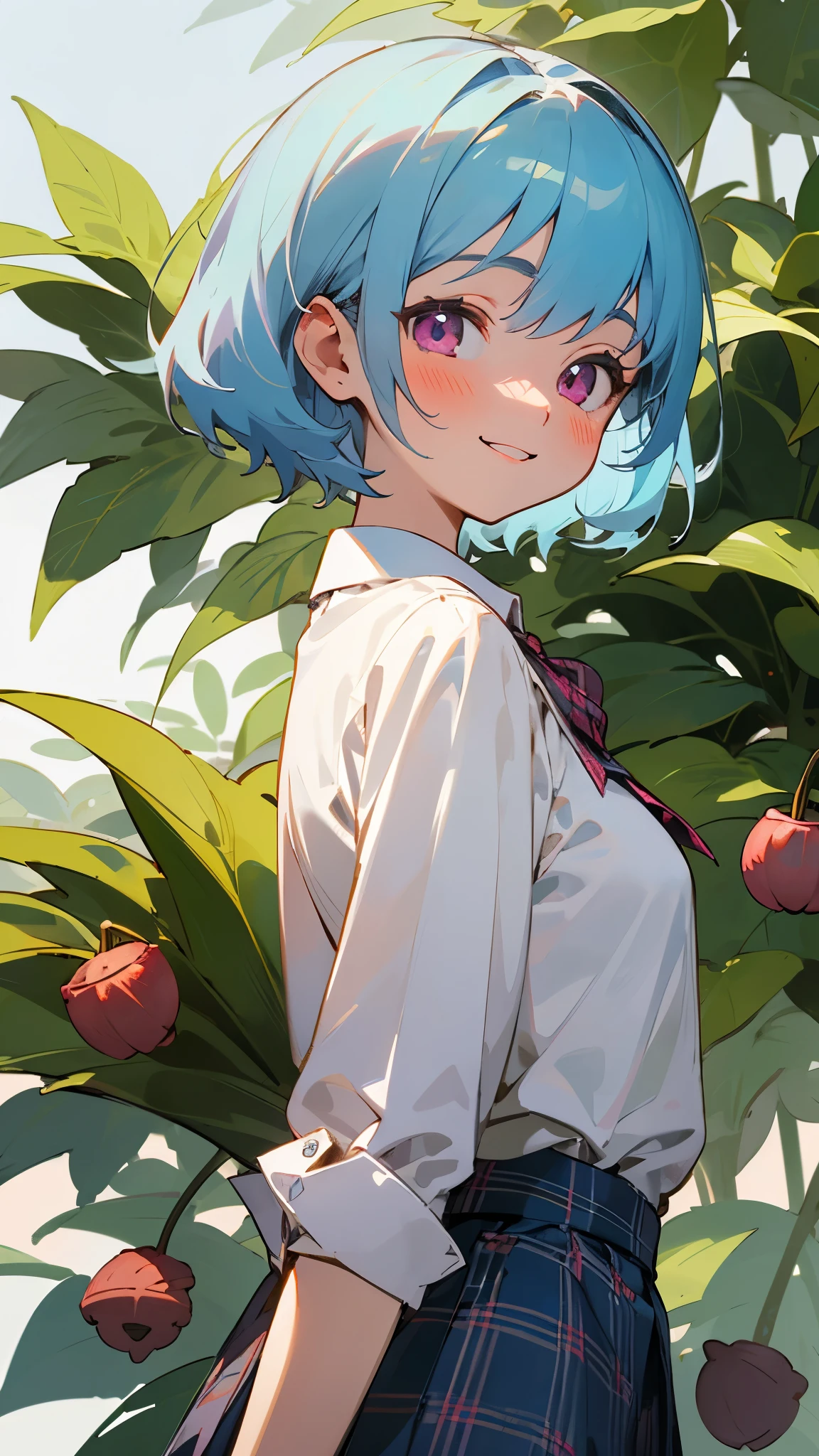  girl、light blue hair、pink eyes、smile、blush、small breasts、From the side、large amount of acorns、White blouse shirt、plaid mini skirt、upper body close-up、Under the bright sunlight filtering through the leaves、sharp outline、tomboy、boyish、first-class、masterpiece