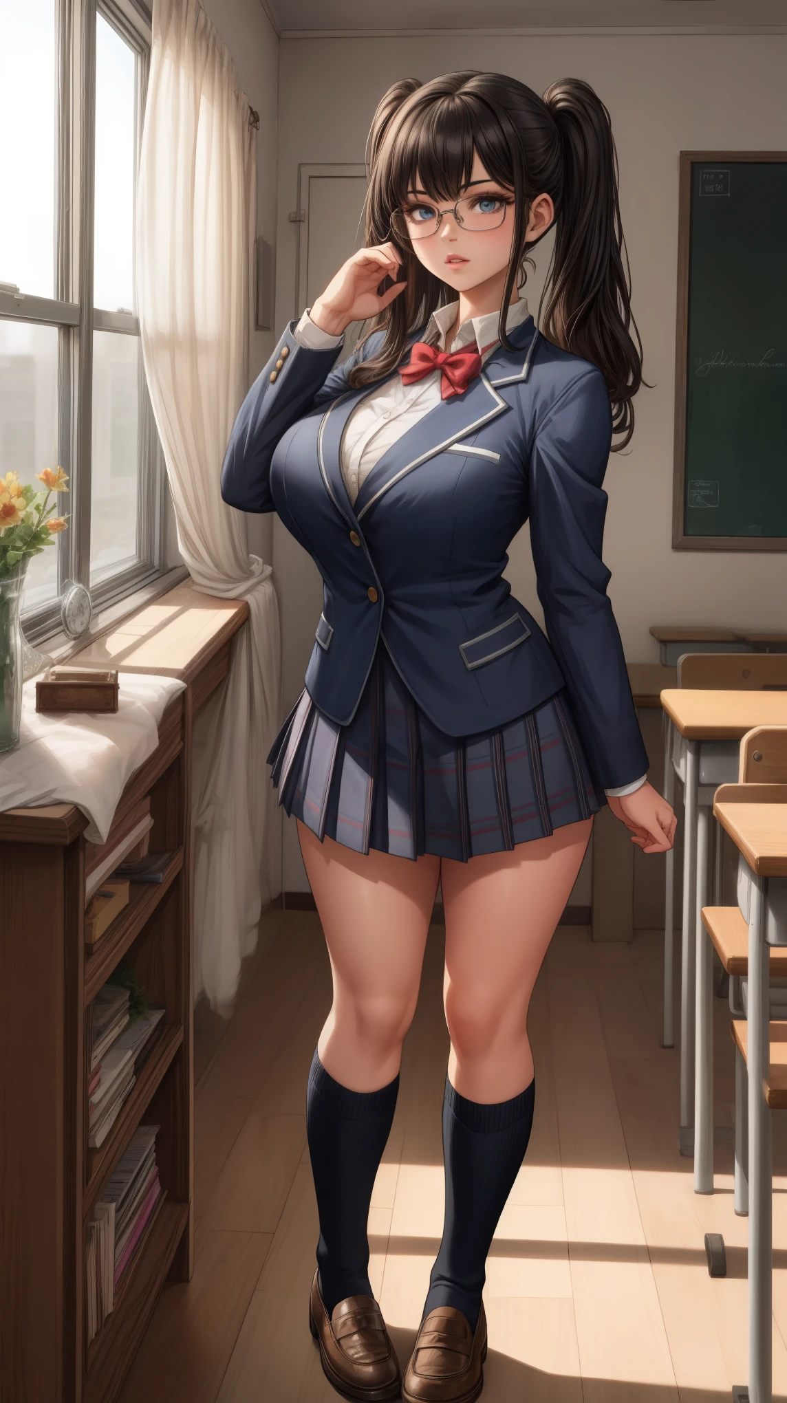 anime female character in school uniform, with short skirt, 
BREAK
, nakamuramisaki, twin tail, Glasses, black hair, (Beautiful,Huge_Breasts:1.3), milf,
BREAK
, 1girl, solo, Standing in the garden, full body, full figure,
BREAK
, Beautifully detailed illustration of a cozy and meticulously decorated school classroom with warm lighting, vibrant colors, and an inviting atmosphere.
BREAK
, school uniform, thigh-highs, ブレザー burezaa (Blazer), bow, , bowtie, shoes, loafers, ribbon,
BREAK
, beautiful detailed eyes, beautiful detailed lips, extremely detailed eyes and face, long eyelashes,
BREAK
, medium: oil painting, atmospheric lighting, dreamy color palette, detailed interior decoration, quiet and peaceful ambiance,
BREAK
, (best quality,4k,8k,highres,masterpiece:1.2), ultra-detailed,